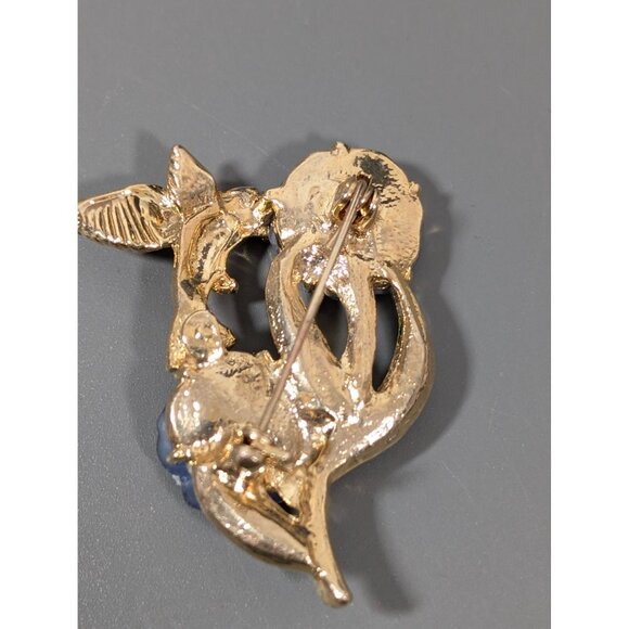 Vintage Hummingbird Pin Brooch Blue Lucite Flowers Gold Tone - Picture 5 of 7